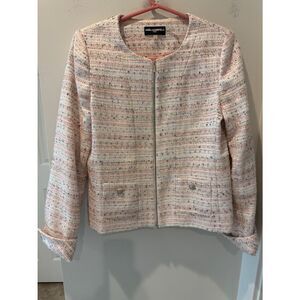 Karl Lagerfeld Cream and Pink Tweed Zip Jacket pockets rounded neckline size 8